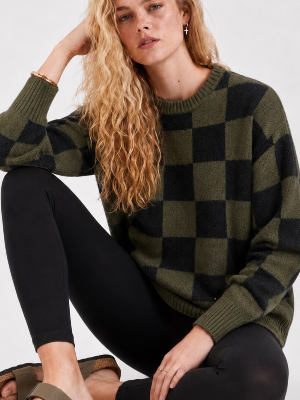 Forever 21 Sweater Small Green Black Plaid Check Oversized Cozy Knit